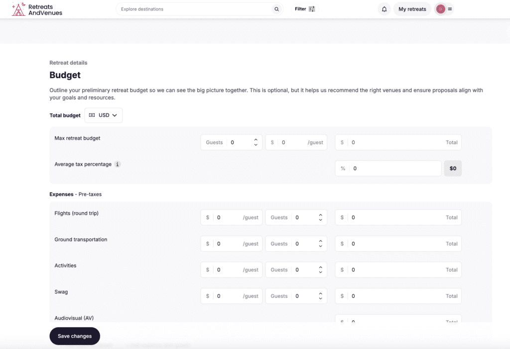 Screenshot of the budget tool that retreatsandvenues has built!